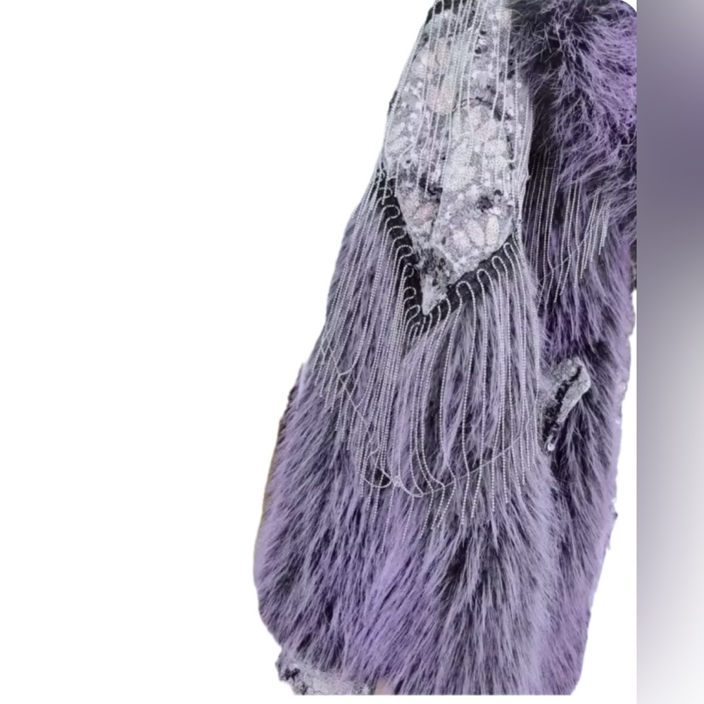 🌺AVAILABLE NOW🌺Faux Fur Sequin Silver Tassel Drop Waist Winter Coat - Picture 3 of 4